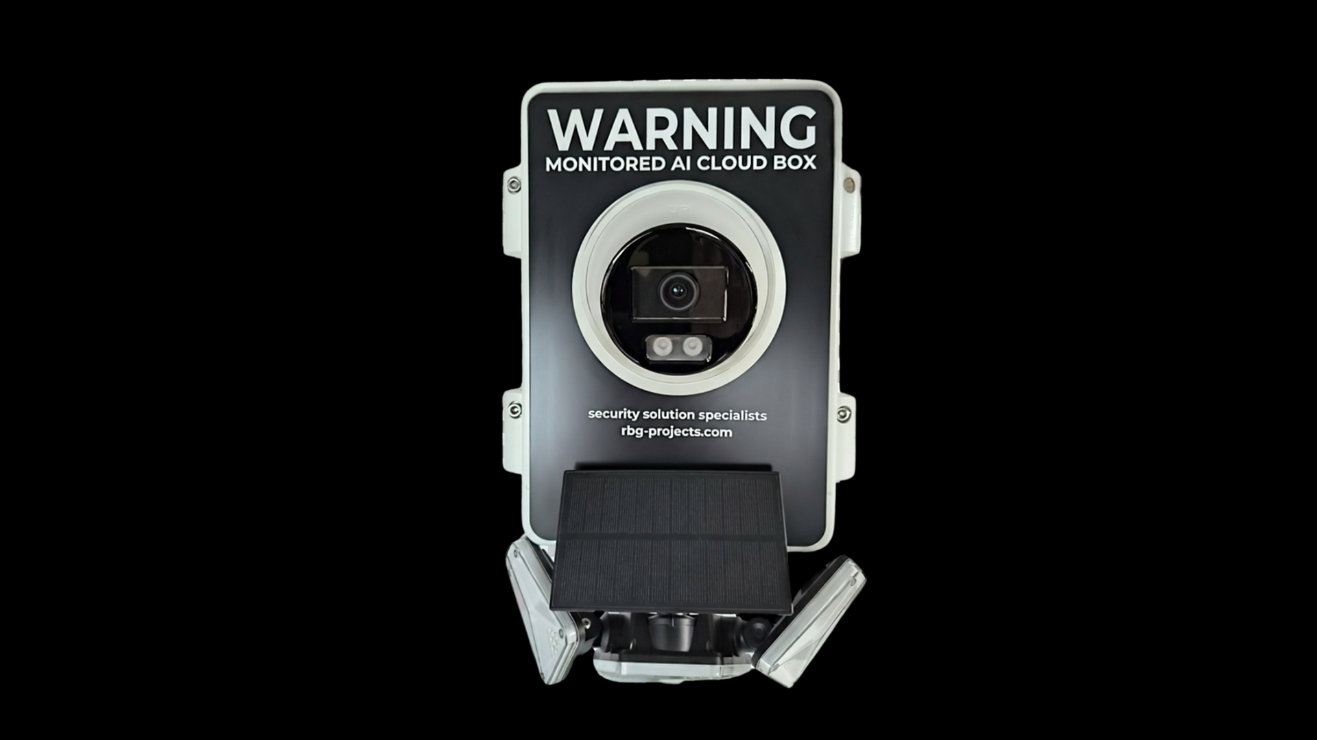 A monitored AI cloud security camera with a warning sign on a black background and a solar panel at the base.