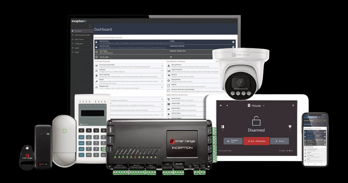 Comprehensive security system monitoring setup supplied by RBG Projects, featuring a live dashboard on a computer screen, dome CCTV camera, remote control, door sensors, power supply unit, control panel, integrated alarm system, and mobile access via