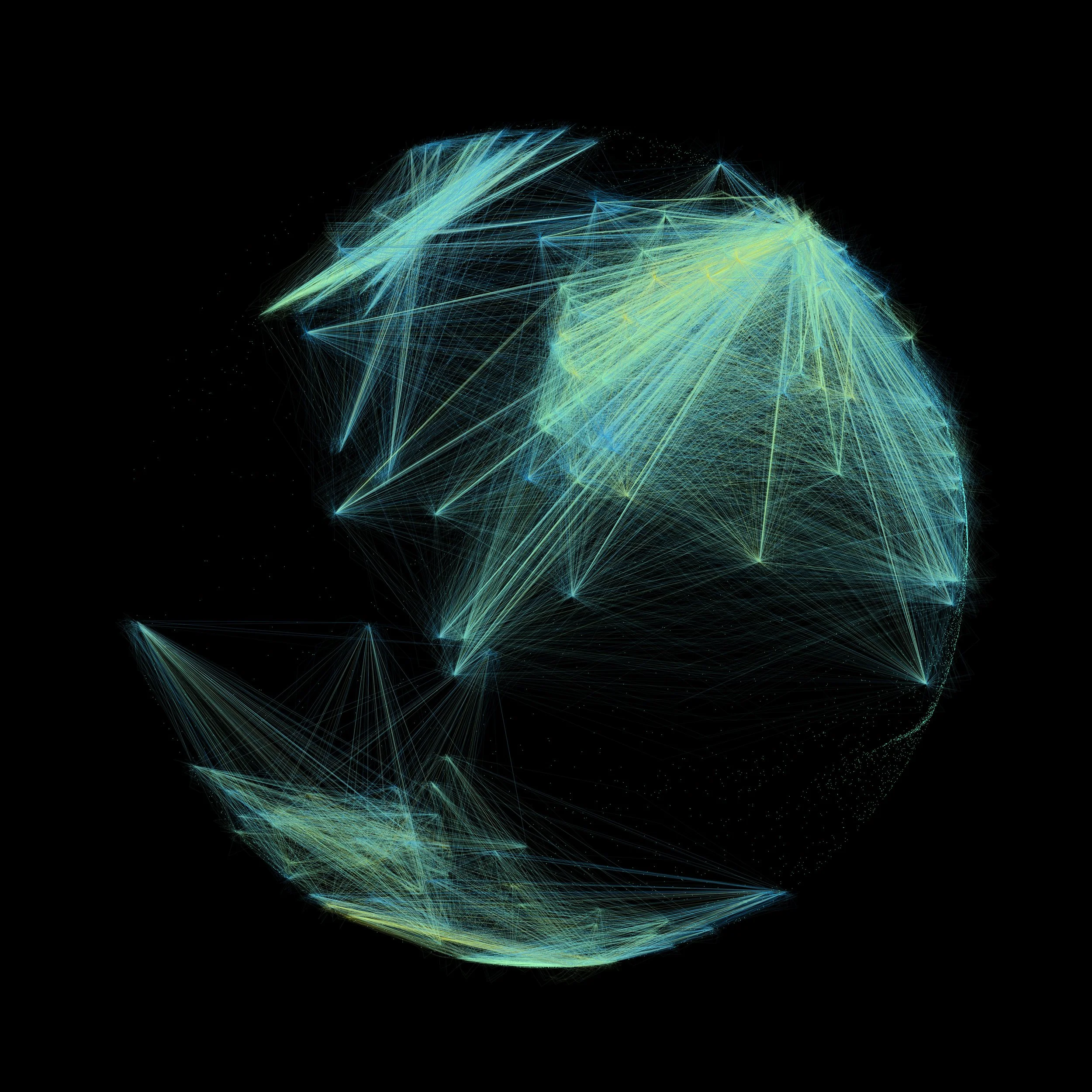 Digital art of interconnected yellow and blue lines forming a spherical shape against a black background.