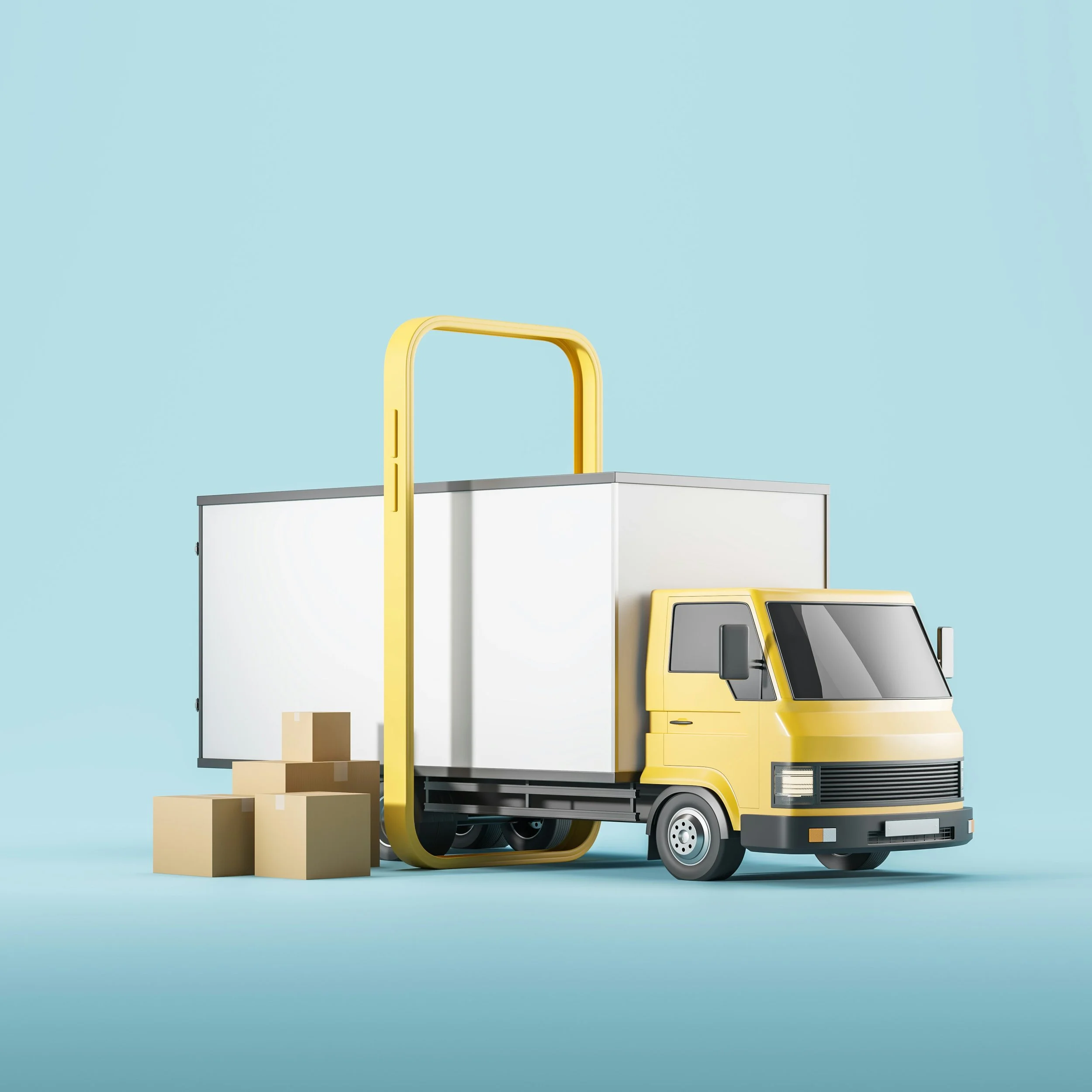 A stylized yellow and white delivery truck with a large white cargo area, set against a light blue background. Several cardboard boxes are placed beside the truck.