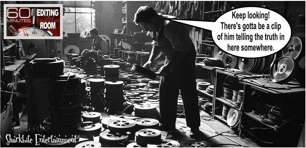 Black and white photo of a film editing room with multiple people working at desks with film reels and editing equipment. A speech bubble from a man says, "Keep looking! There's gotta be a clip of him telling the truth in here somewhere." The top left corner has a red and black logo that reads "60 Minutes Editing Room." The bottom left corner has a watermark reading "Sharkbite Entertainment."