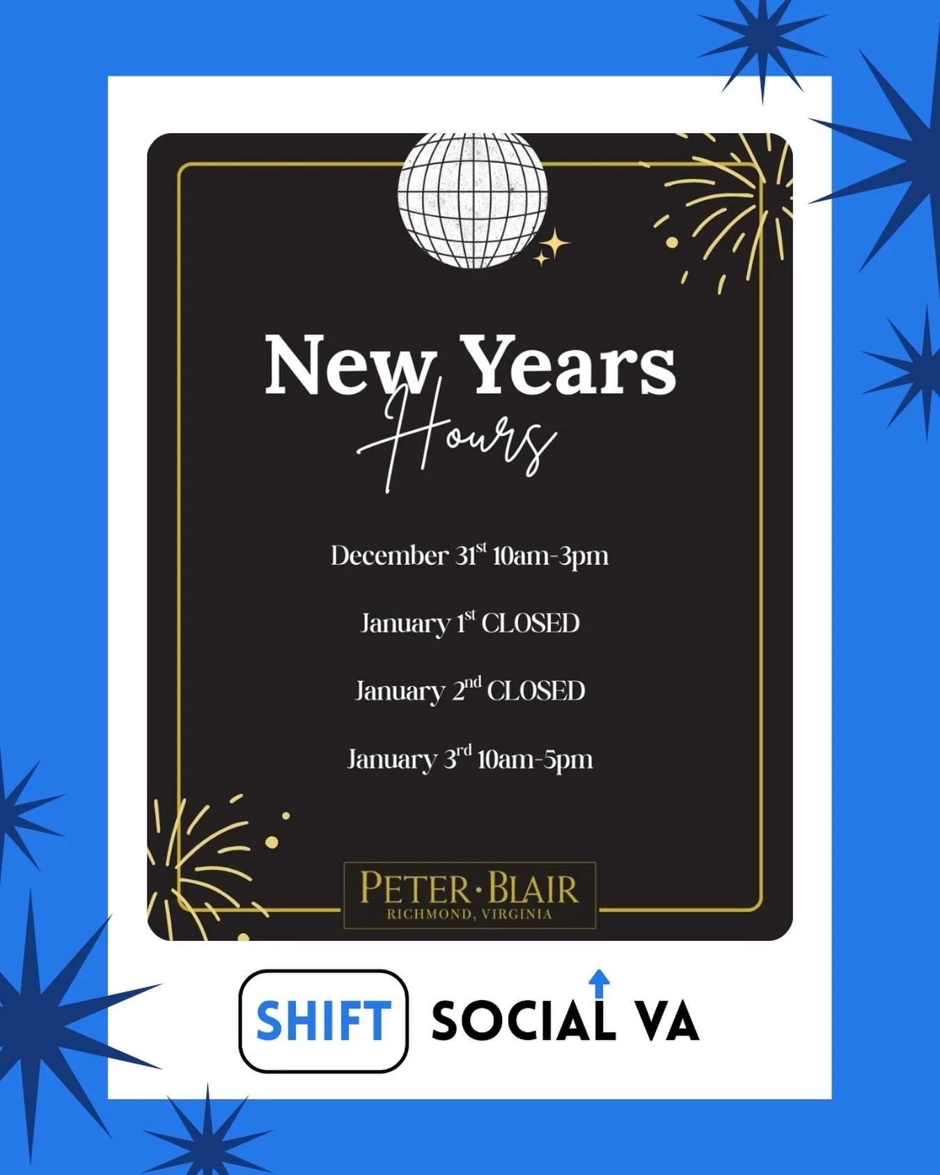Happy 2026! ✨🎆⬆️

New Years week hours graphic for @peterblairmensclothing 👔