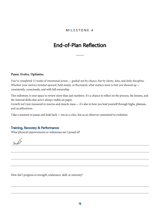 A page from a milestone reflection document titled 'End-of-Plan Reflection' with sections for evaluating progress, lessons learned, and future growth in training, recovery, and performance.