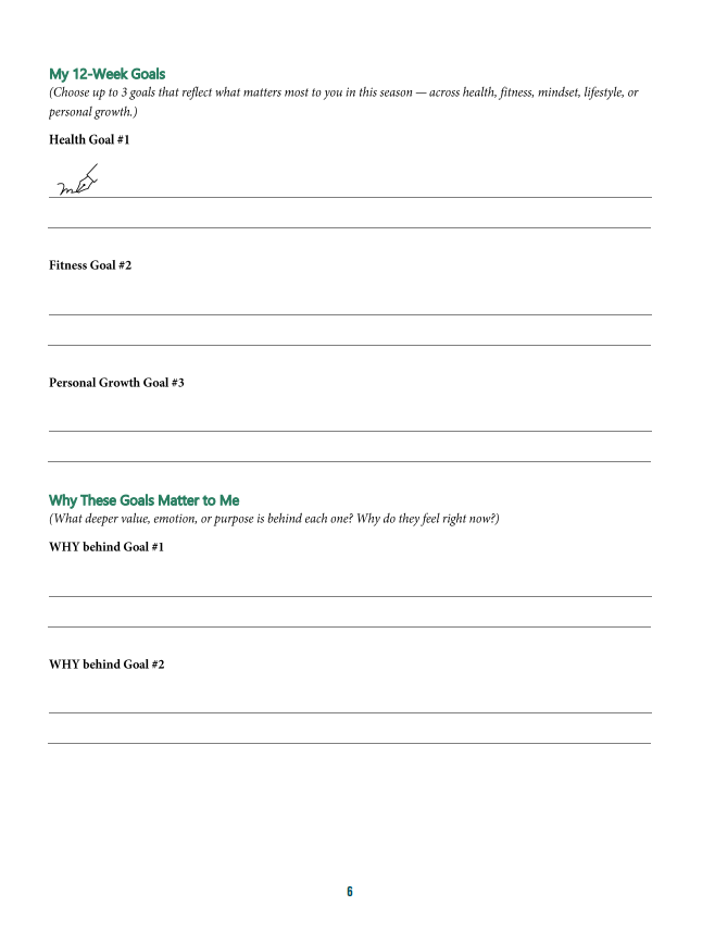 A worksheet titled 'My 12-Week Goals' with sections for listing health, fitness, and personal growth goals, and space to write reasons why these goals matter to the person.