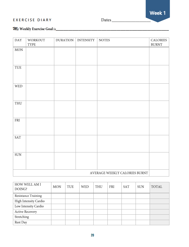 Weekly exercise diary with a table for recording daily workout details, notes, calories burned, and a section for tracking recovery activities for each day of the week.