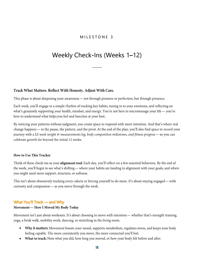 A page from a health or fitness guide titled 'Milestone 3 Weekly Check-Ins (Weeks 1-12)', discussing tracking habits, body composition, and fitness progress with sections on how to use the tracker and reasons for tracking movement.
