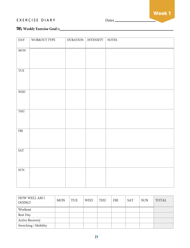 Exercise diary template for Week 1 with sections for daily workout details, notes, and weekly summary.