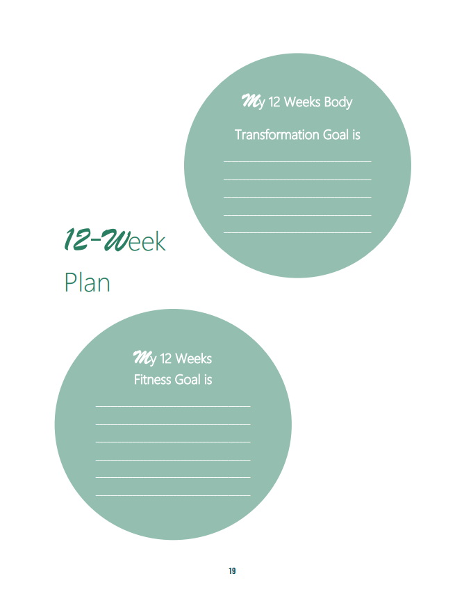 A printable planner page for a 12-week body transformation and fitness goal, featuring two large green circles with spaces for writing specific goals.