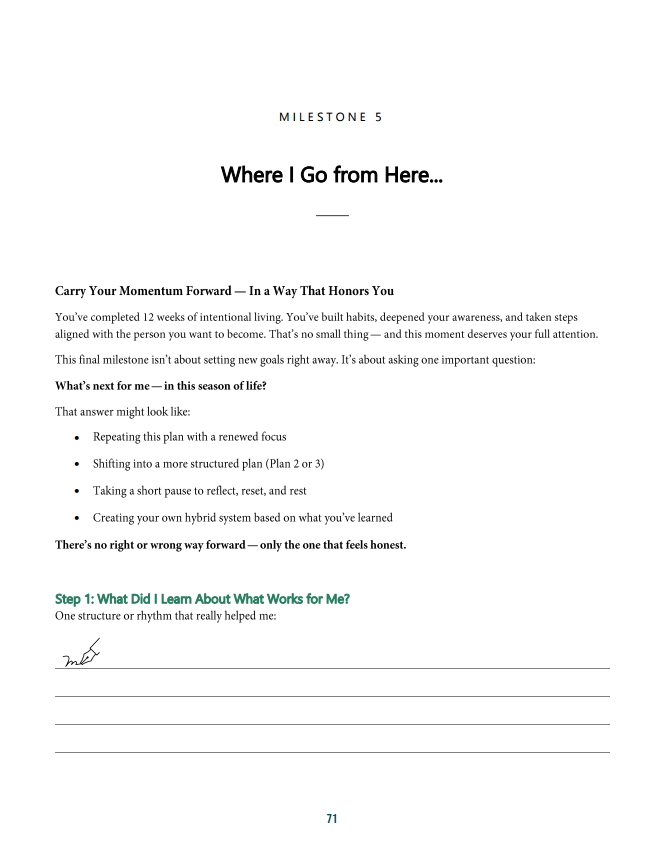 Page from a workbook or guide titled 'Milestone 5: Where I Go from Here,' focusing on personal growth and reflection. Contains instructions and a space for writing about what has been learned about what works for oneself.