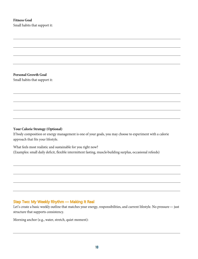 A printable worksheet for setting fitness and personal growth goals, with sections for habits, calorie strategy, and weekly rhythm planning.