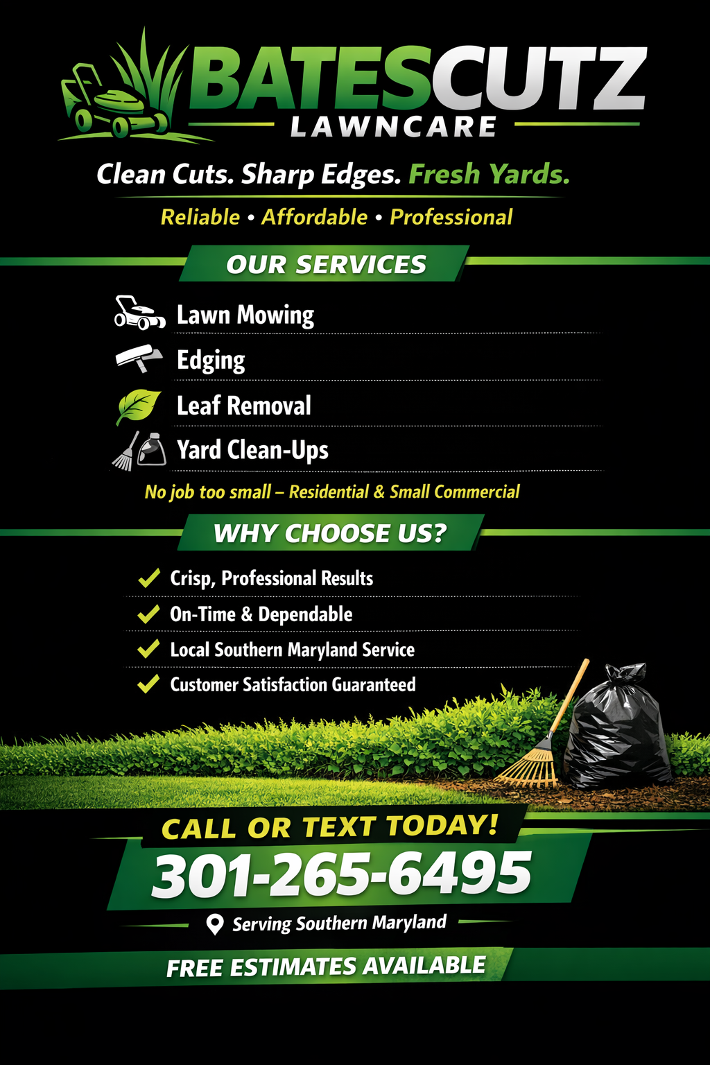 A yard sign for BatesCutz Lawncare, featuring services like lawn mowing, edging, leaf removal, and yard clean-ups, with contact info and a list of reasons to choose them.