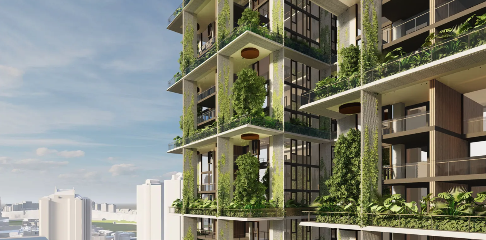 Modern multi-story residential building with extensive greenery on balconies and terraces, glass railings, and urban skyline in the background.