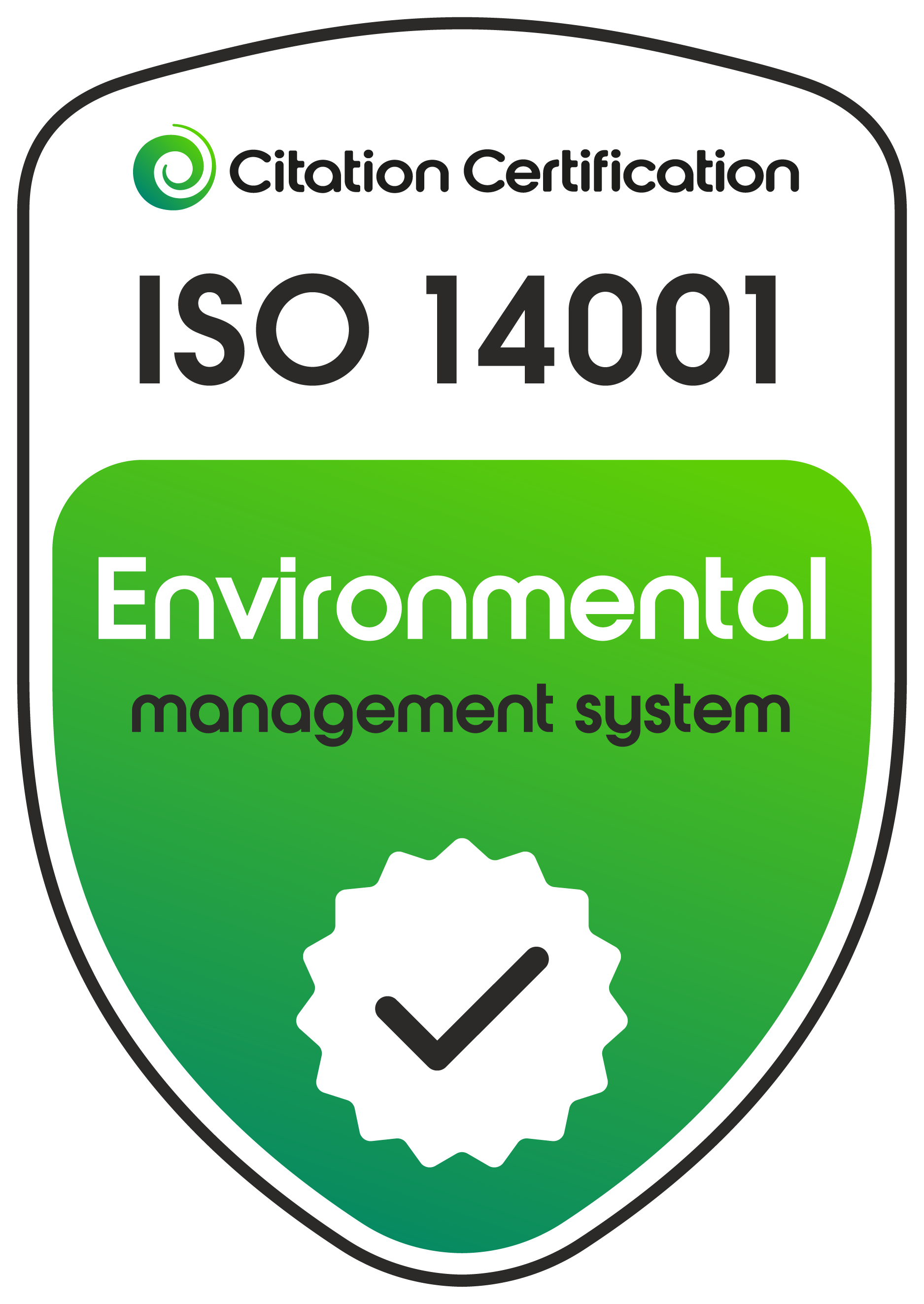 Environmental management system certification badge for ISO 14001 with a green and white shield design, a checkmark inside a gear shape, and the text indicating certification approval.