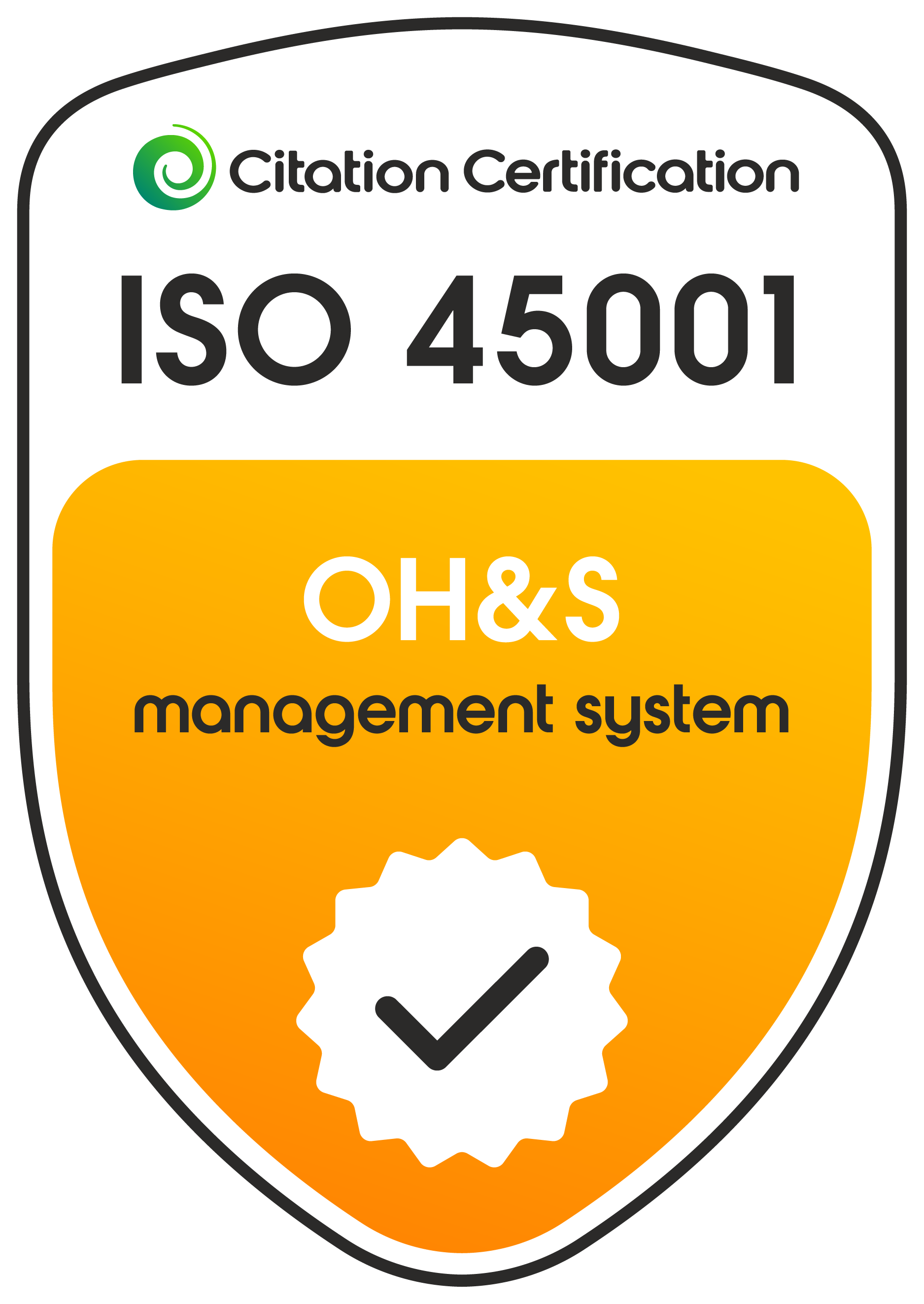 Certification badge showing ISO 45001 and OH&S management system certification with a checkmark.