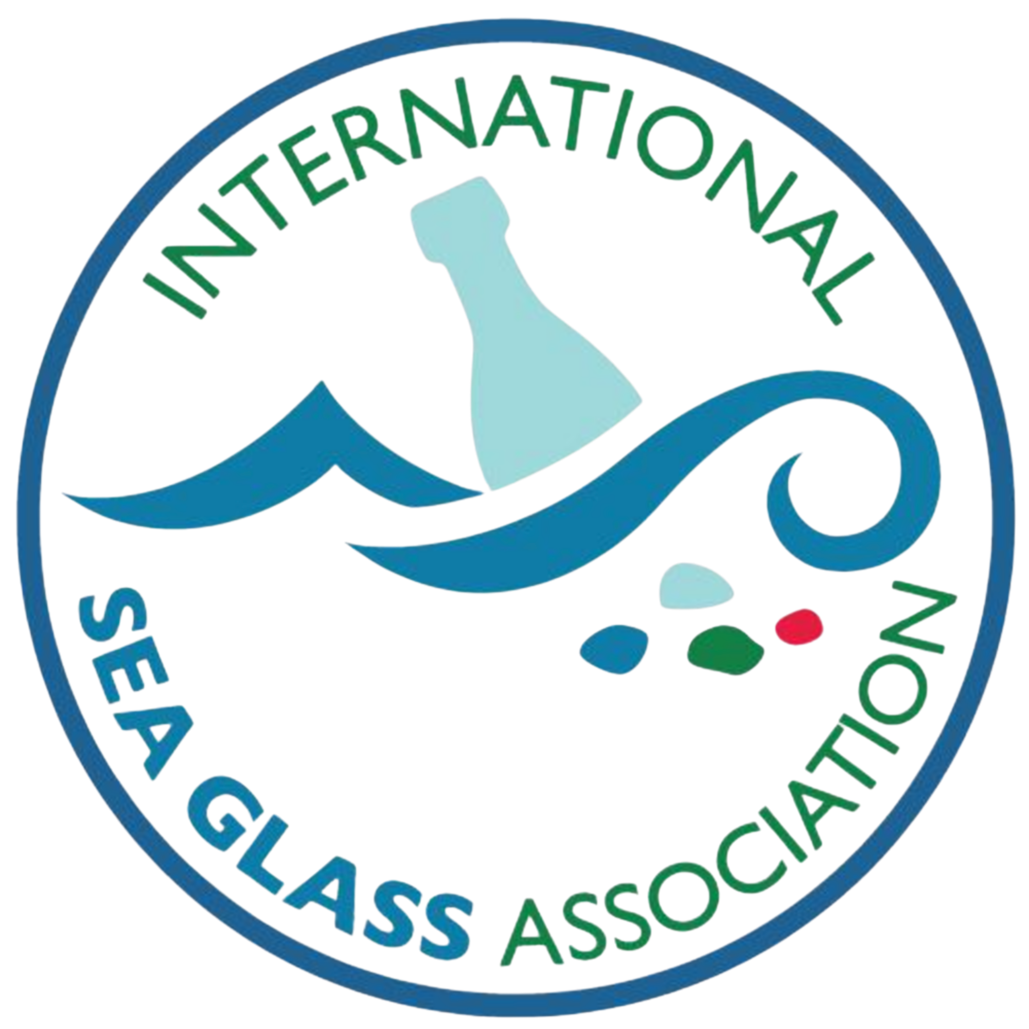 A circular logo for the International Sea Glass Association featuring a stylized wave, a piece of sea glass, and the organization's name in green and blue text.