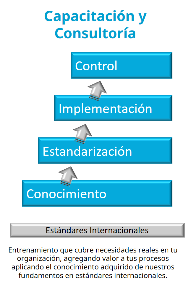 Diagrama de capacitación y consultoría con cinco etapas: conocimiento, estandarización, implementación, control, y destacado en la parte superior, relacionado con estándares internacionales y entrenamiento en estándares internacionales.