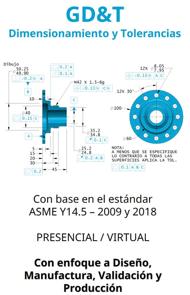 Descripción de un diagrama técnico de un componente mecánico con dimensiones y especificaciones, titulado 'GD&T', enfocado en tolerancias y dimensionamiento según estándares ASME Y14.5-2009 y 2018, para uso presencial o virtual en diseño, manufactura, validación y producción.