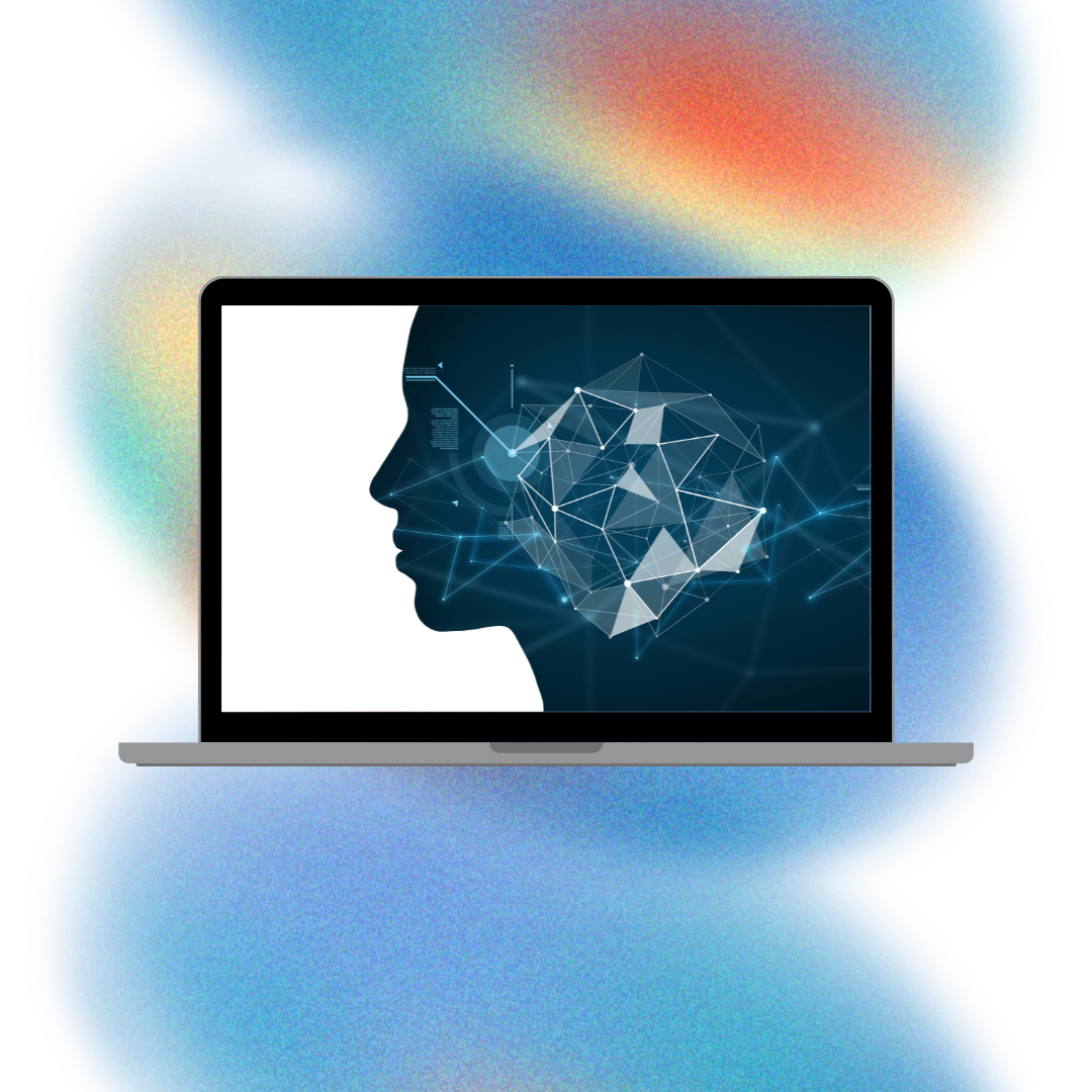 A laptop computer displaying a digital illustration of a human face in profile with network lines and geometric shapes representing artificial intelligence or neural networks.