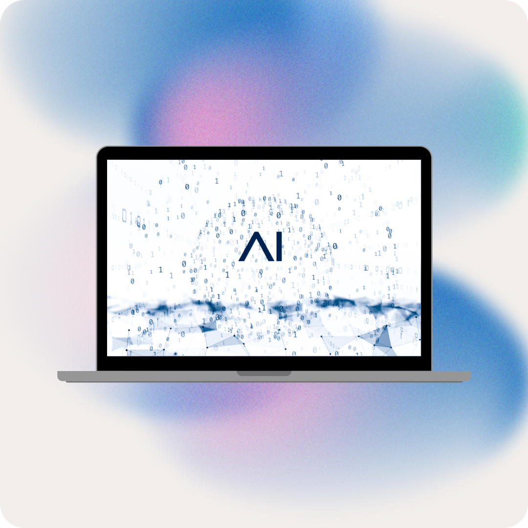 Laptop displaying AI-related digital graphics and binary code with an 'AI' logo, against a colorful gradient background.