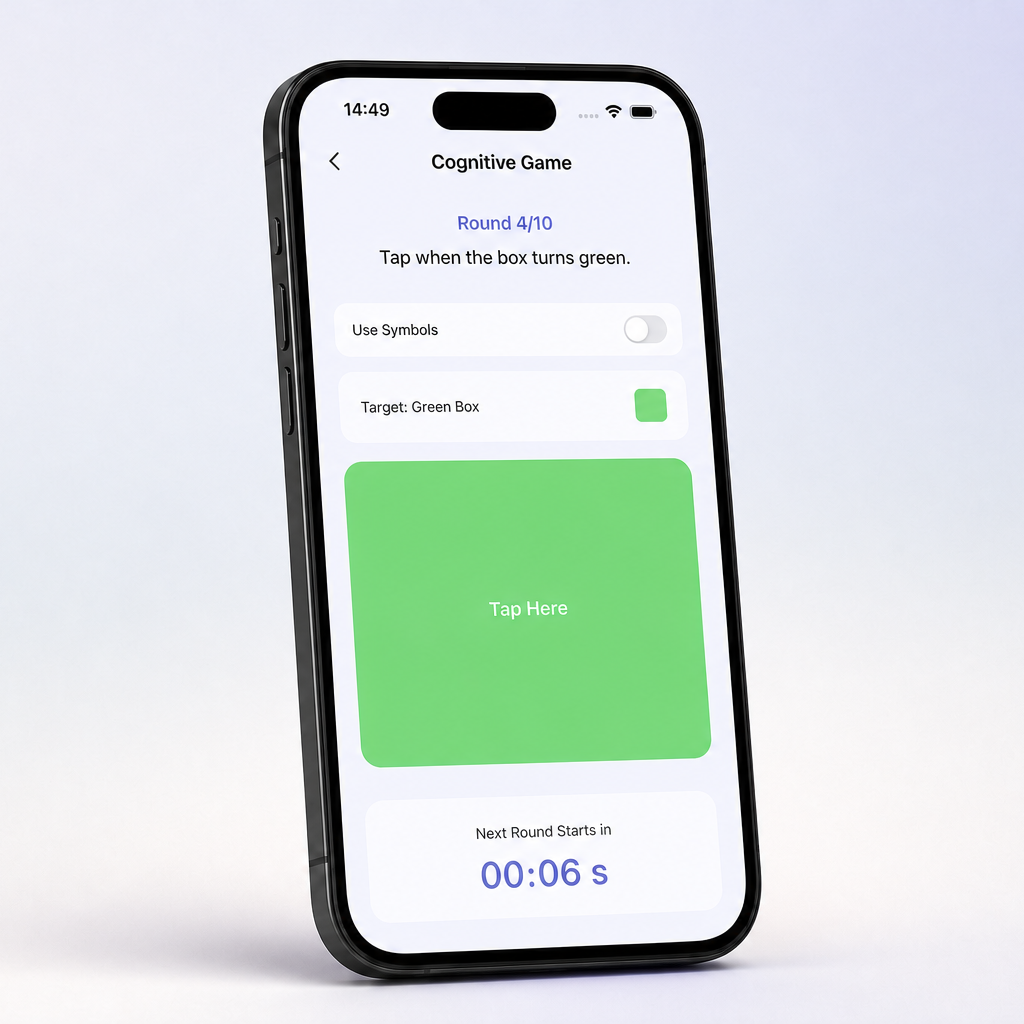 Smartphone displaying a cognitive game app with a green target box and a timer counting down from six seconds. Alumen Cognitive Game.