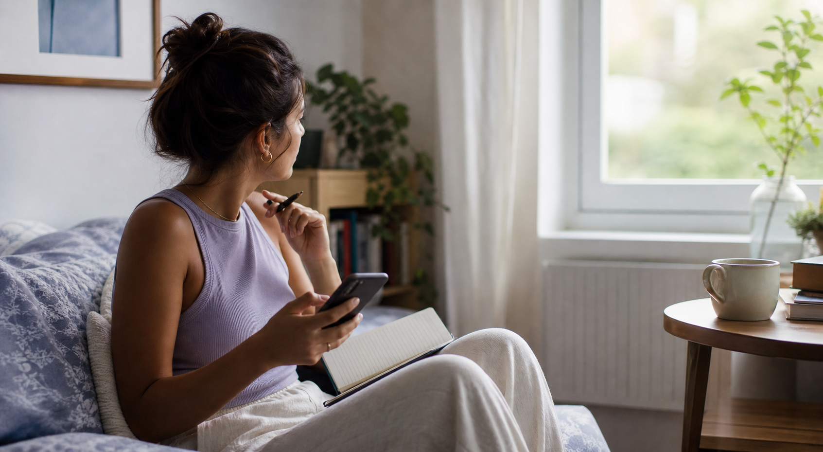 A woman sitting on a couch, looking at her phone, holding a pen, with an open notebook on her lap, in a cozy room with plants and books near a window.