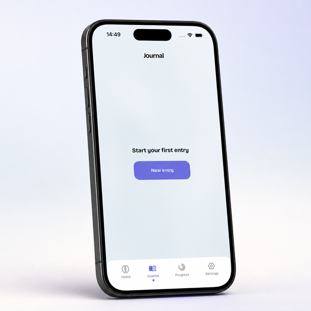 Smartphone screen displaying a journal app with a button labeled "New entry" and the message "Start your first entry". Alumen Journal Screen