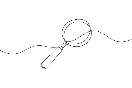 A simple line drawing of a magnifying glass with a circular lens and handle, with a string or line extending from it.