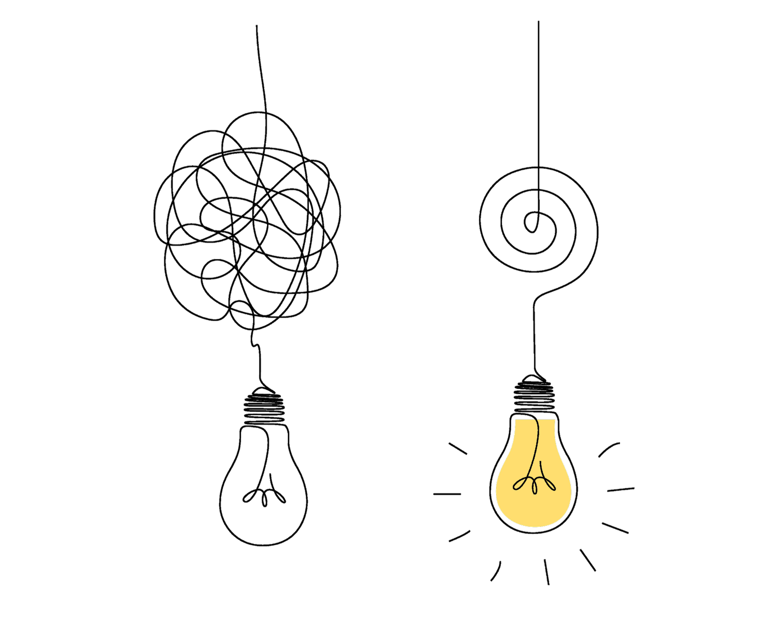 Two light bulbs hanging with black filaments; the left bulb has a tangled filament, the right bulb has a neat spiral filament; the bulb on the right is lit and glowing.