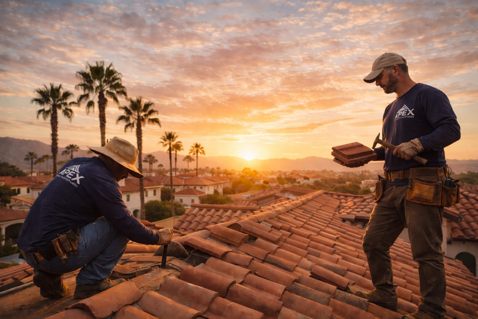 Two roofers working on a tiled roof at sunset, with palm trees and mountains in the background.