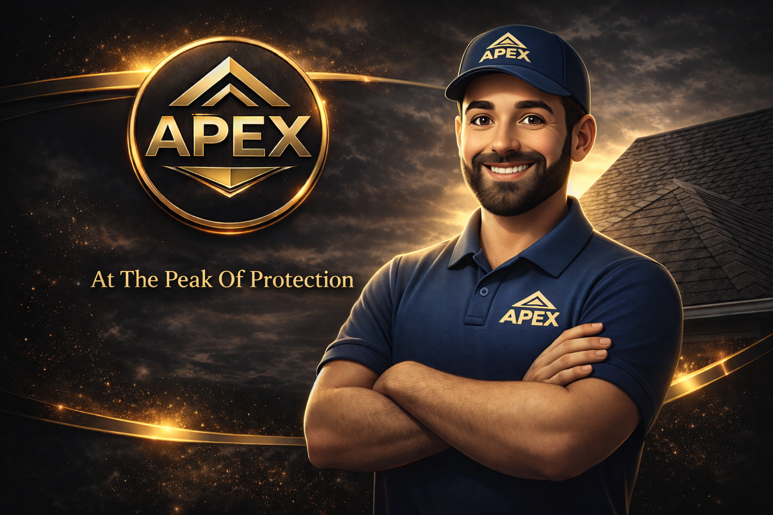 A man in a blue APEX polo shirt and cap standing with arms crossed, smiling, in front of a dark sky and house with shingles, with a glowing APEX logo and the text 'At The Peak Of Protection'.