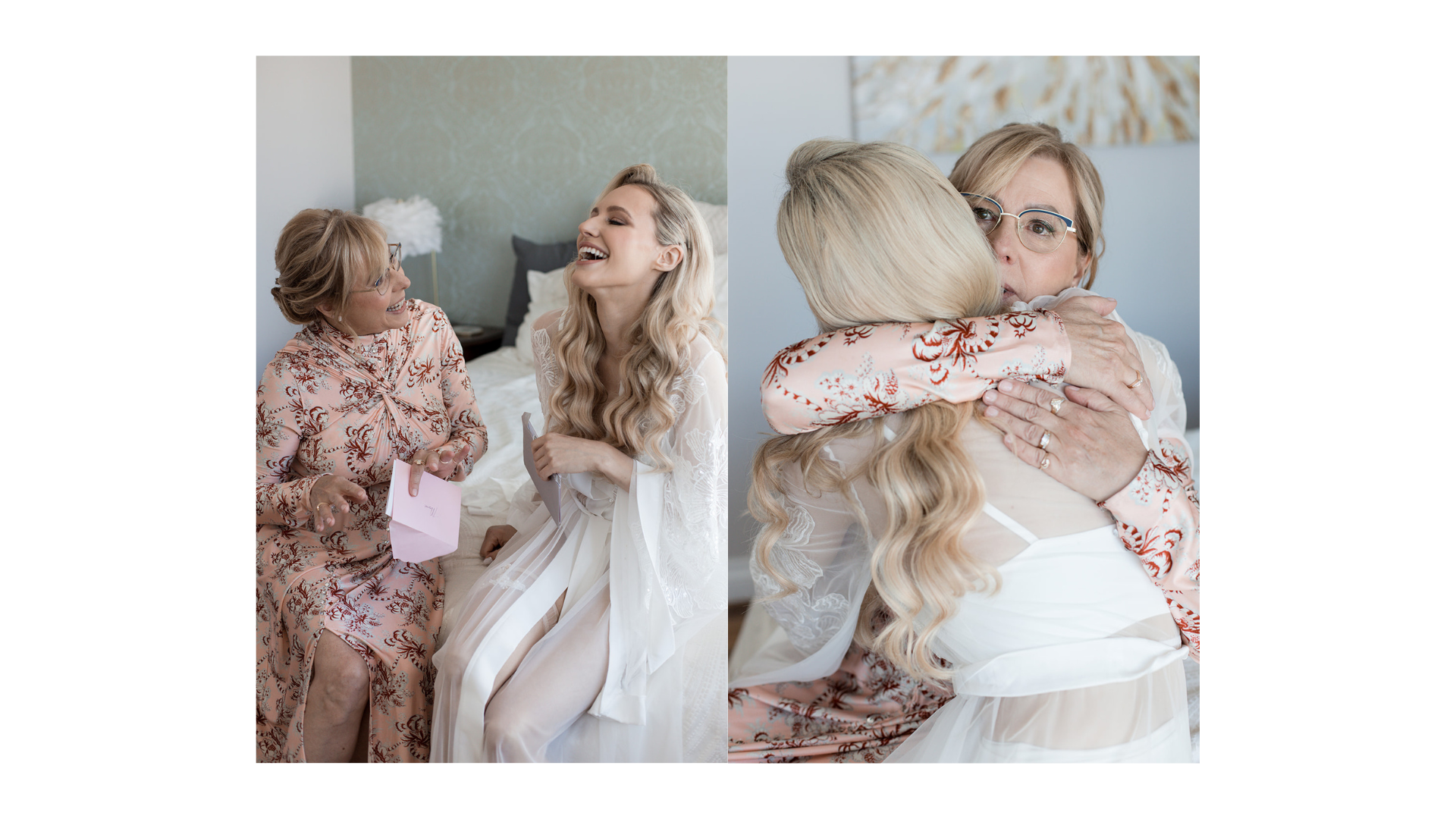 A bride and her mother sharing joyful moments, with the mom giving the bride a gift and hugging her on her wedding day at UBC botanical garden photographed by wedding photographer Allison Taylor Creative