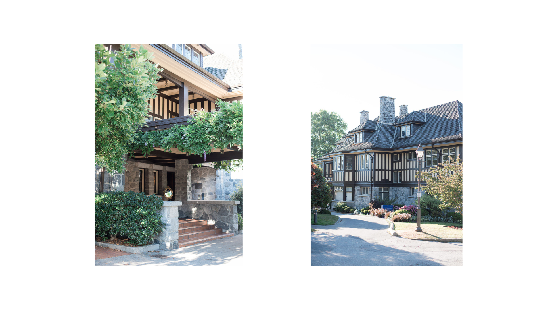 Image of a residential house with dark wood and stone exterior, lush greenery, and a driveway