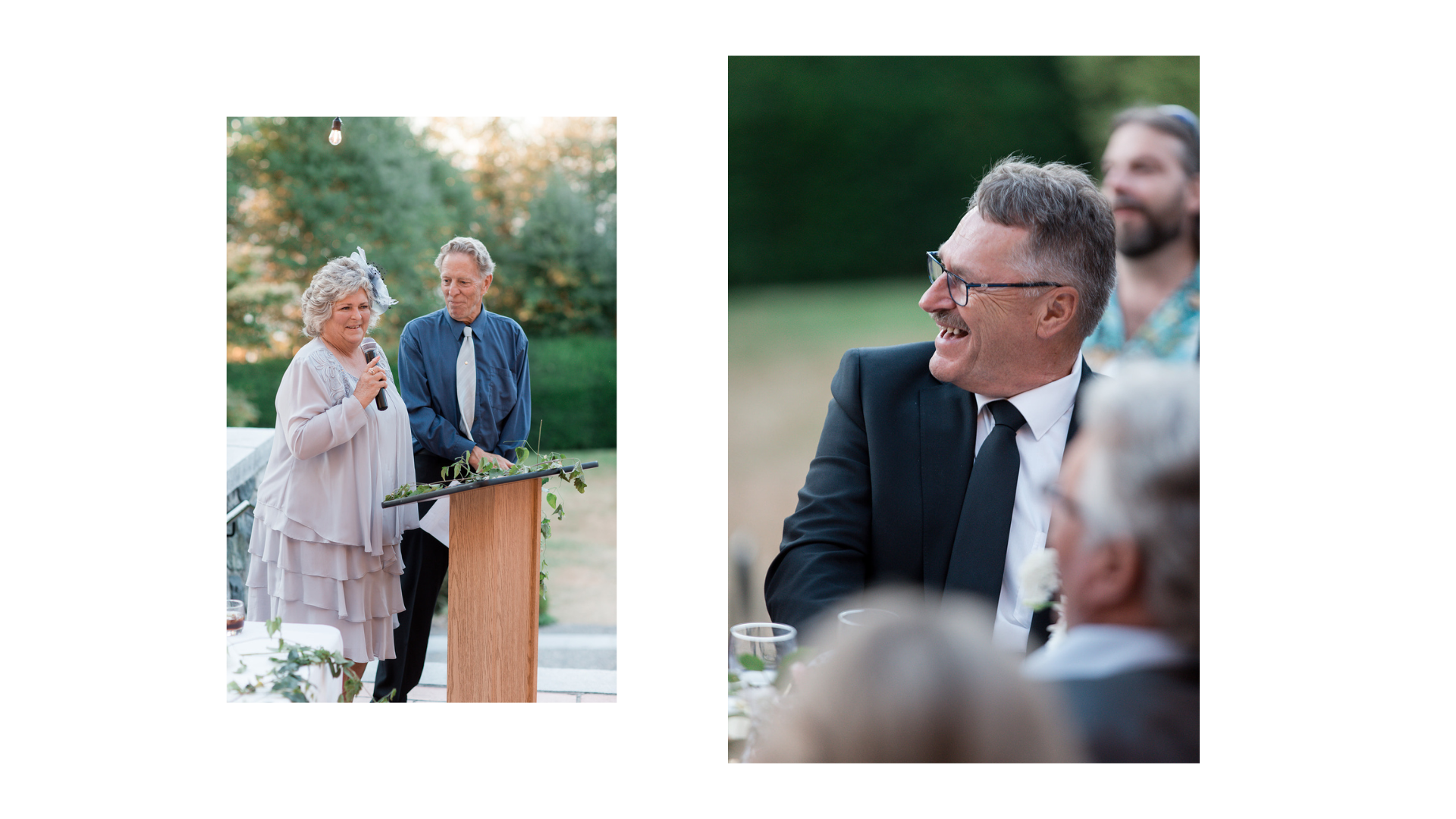 A woman giving a speech at a wedding reception outdoor, with two men standing behind her; guests seated at a table laughing.