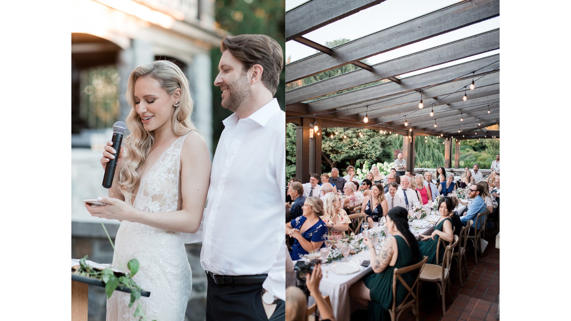 A woman in a white lace dress reads from a paper into a microphone at an outdoor wedding ceremony, standing next to a man in a white shirt. In the background, guests seated at tables decorated with white cloths and floral arrangements are enjoying th