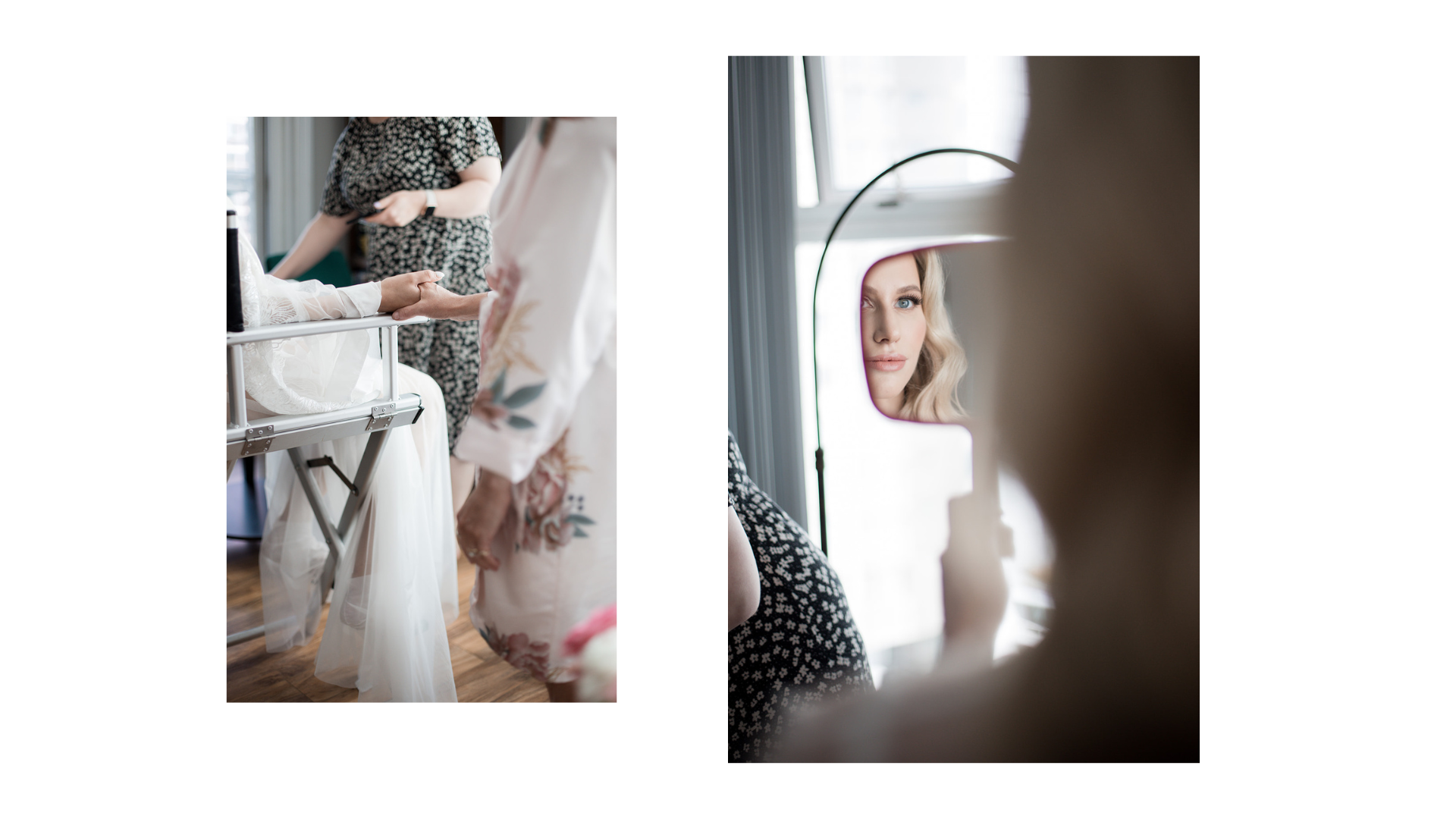 Close-up of a woman looking at herself in a mirror with a makeup reflection, while another woman adjusts a wedding dress on a bride photographed by Allison Taylor Creative on their wedding day