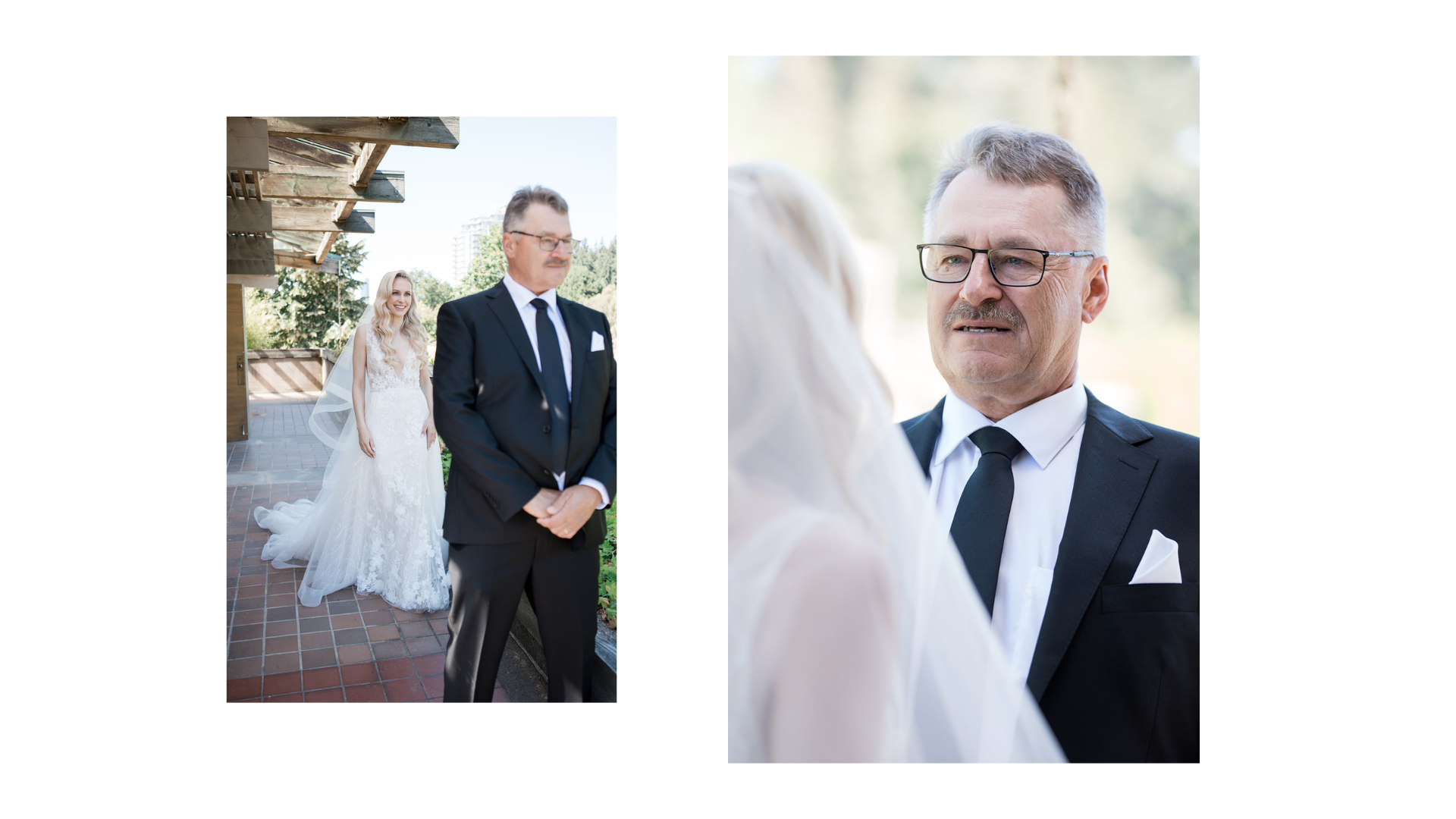 A bride with long blonde hair in a white lace wedding dress and a veil, standing behind a man in a dark suit and tie, outdoors on a brick patio with wooden architectural structure nearby. A close-up of a man with glasses and a mustache, wearing a bla