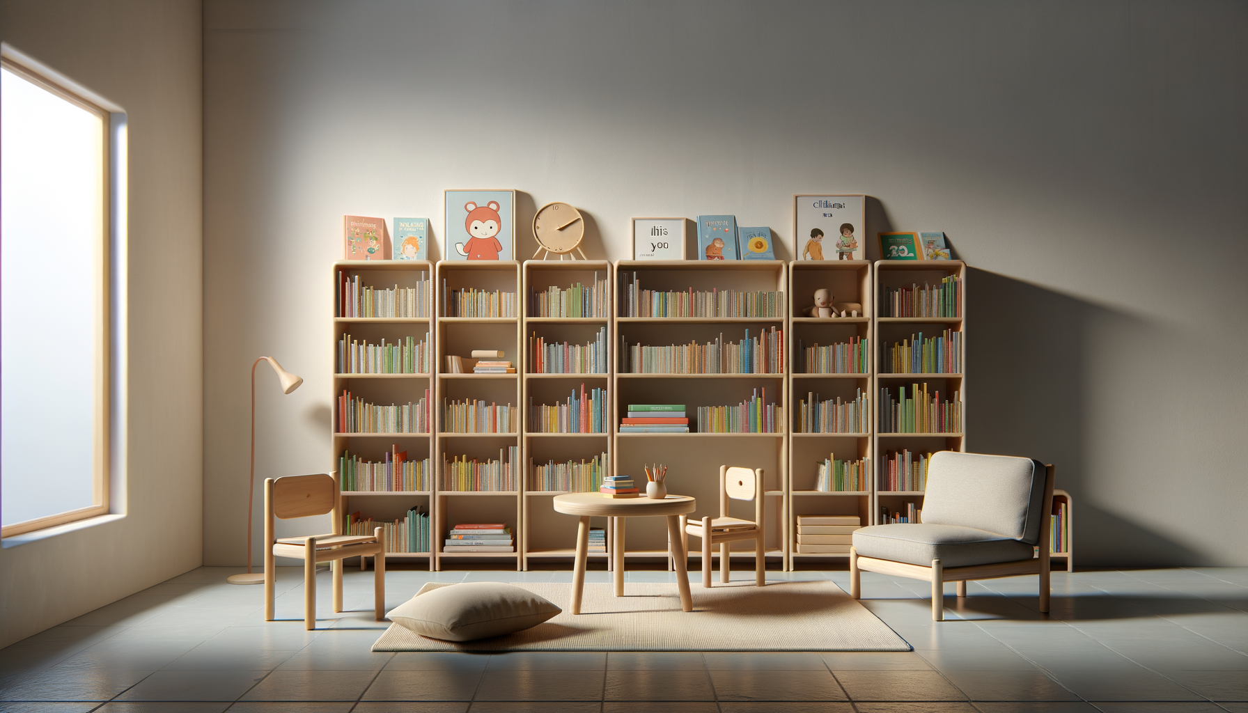 A cozy reading nook with a large bookshelf filled with children's books, a small table with books and pencils, a cushioned floor pillow, two wooden chairs, and a beige sofa, all in natural light from a nearby window.