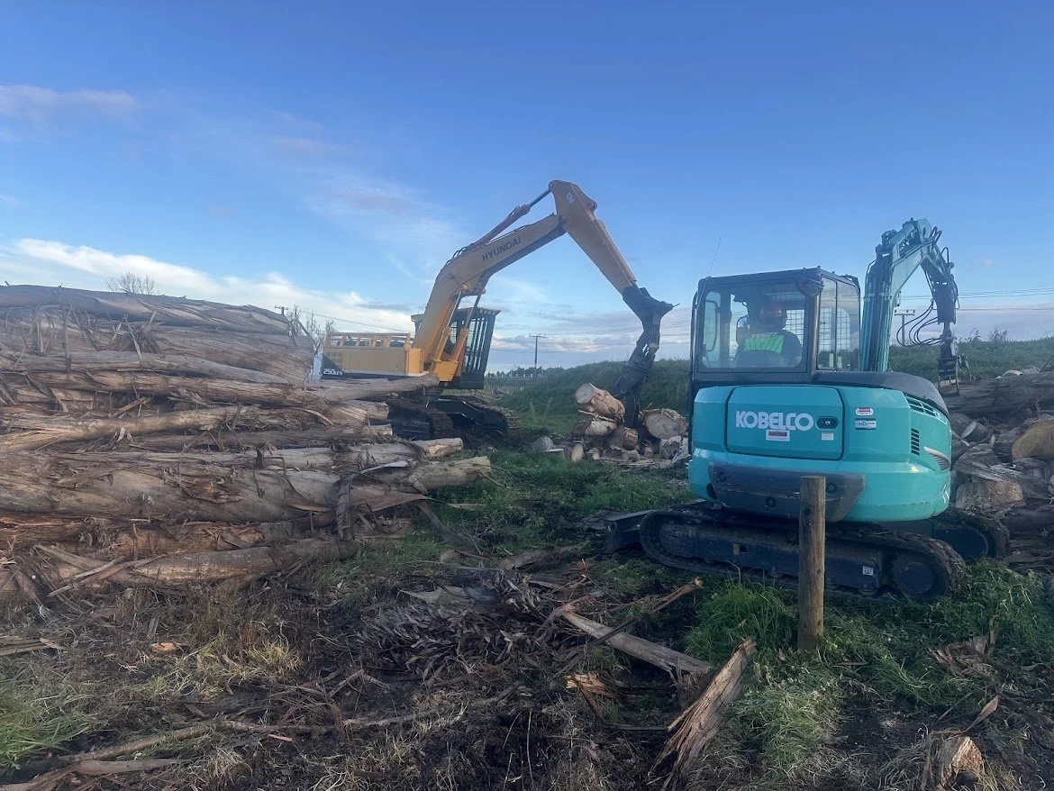 Two excavators clearing logs and material on a rural Waikato site