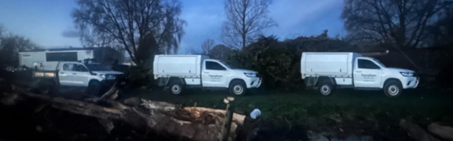 TerraFern Contracting service trucks at a tree removal and land clearing site in Waikato