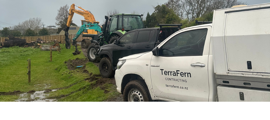 TerraFern Contracting vehicles and excavator working on an earthworks site in Waikato