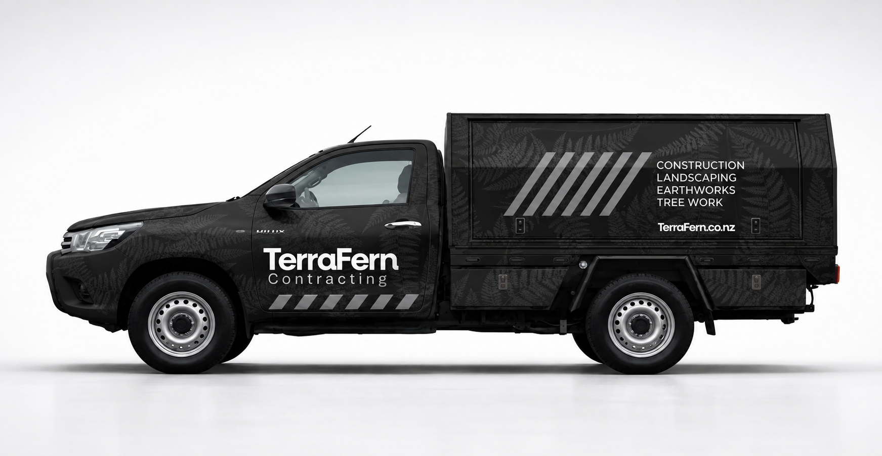 TerraFern Contracting work truck branded for construction, landscaping, earthworks and tree work in Waikato