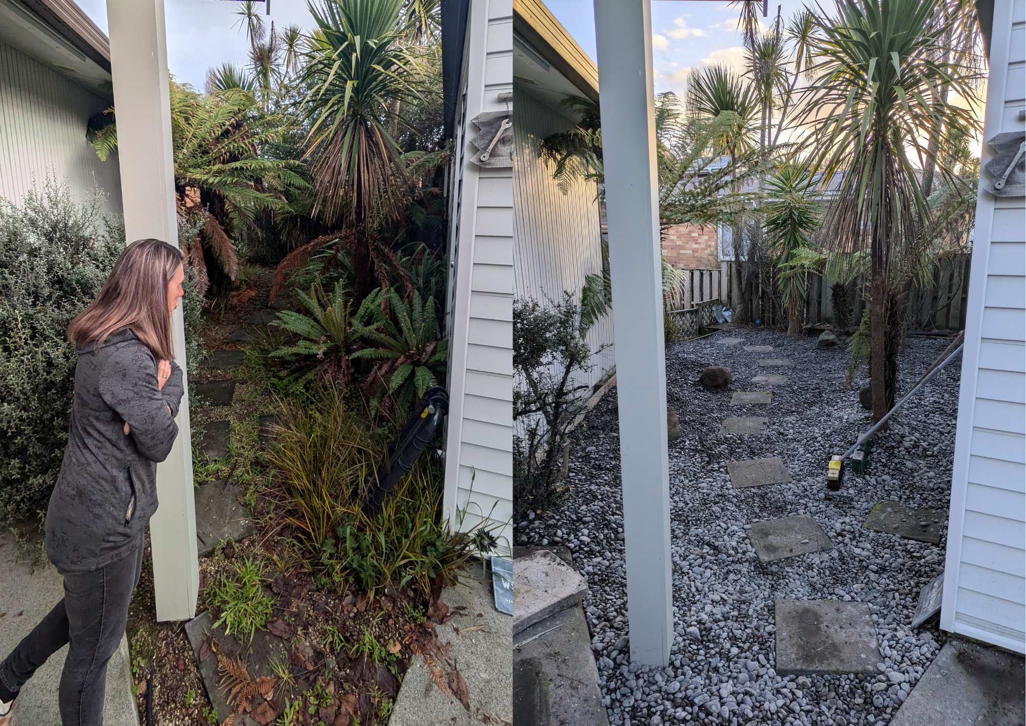 Before and after backyard landscaping showing an overgrown garden transformed with gravel, stepping stones and new planting