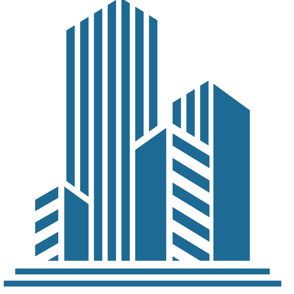 Simplified illustration of multiple blue skyscrapers with black outlines, representing a city skyline.
