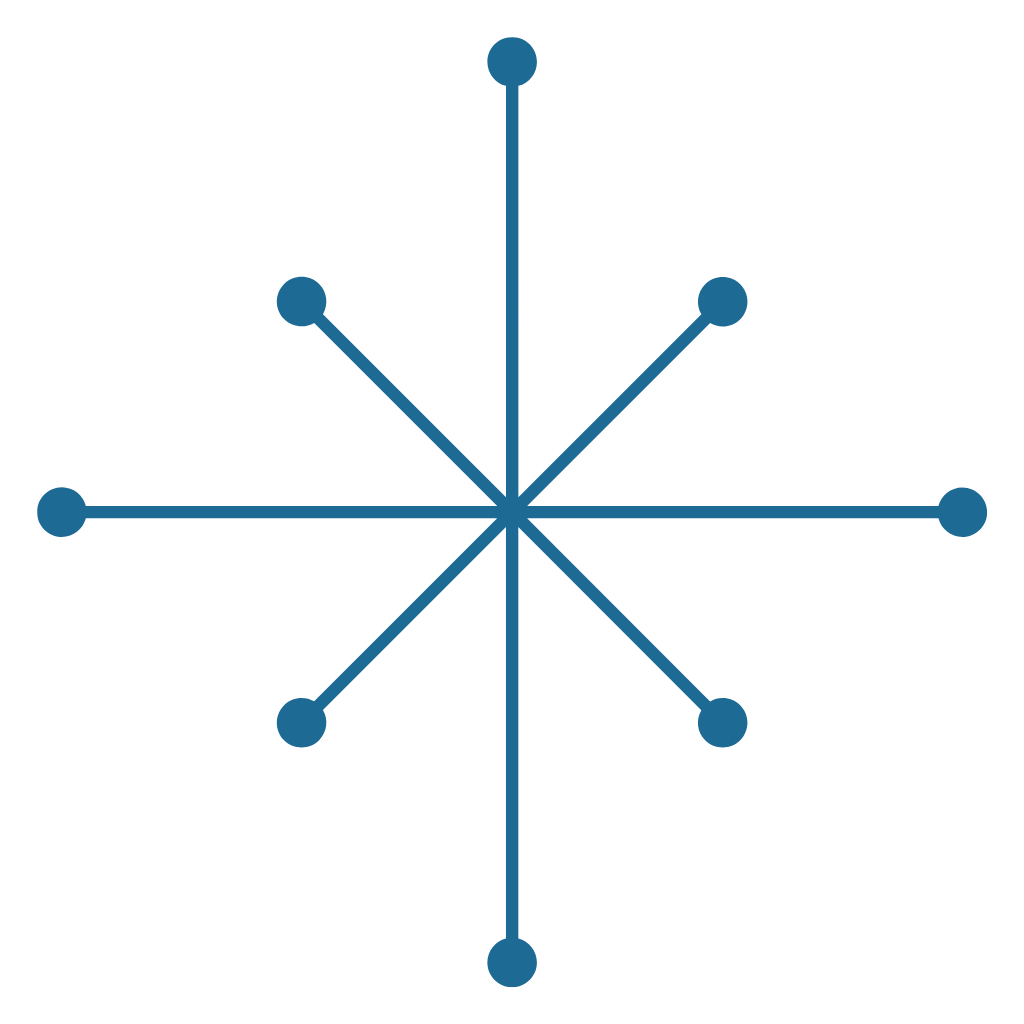 A 3D network diagram with a central node connected to eight surrounding nodes by lines, all on a black background.