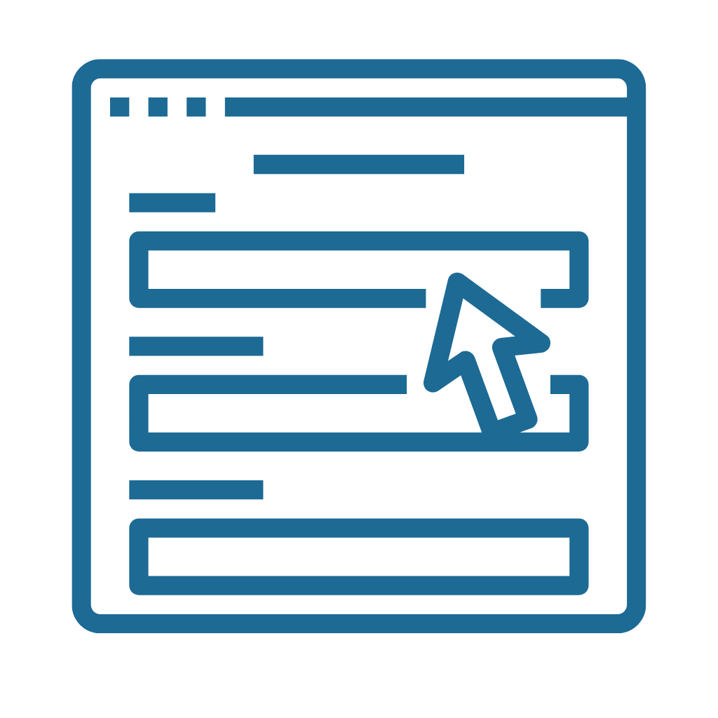 Icon of a web browser window with a cursor clicking on a form field, representing online form submission or interaction.