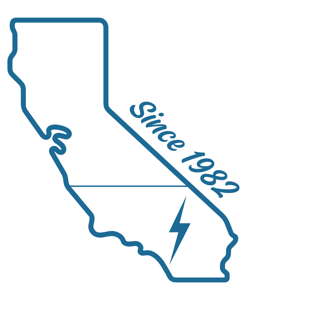 Outline map of California with the text 'Since 1982' and a lightning bolt.