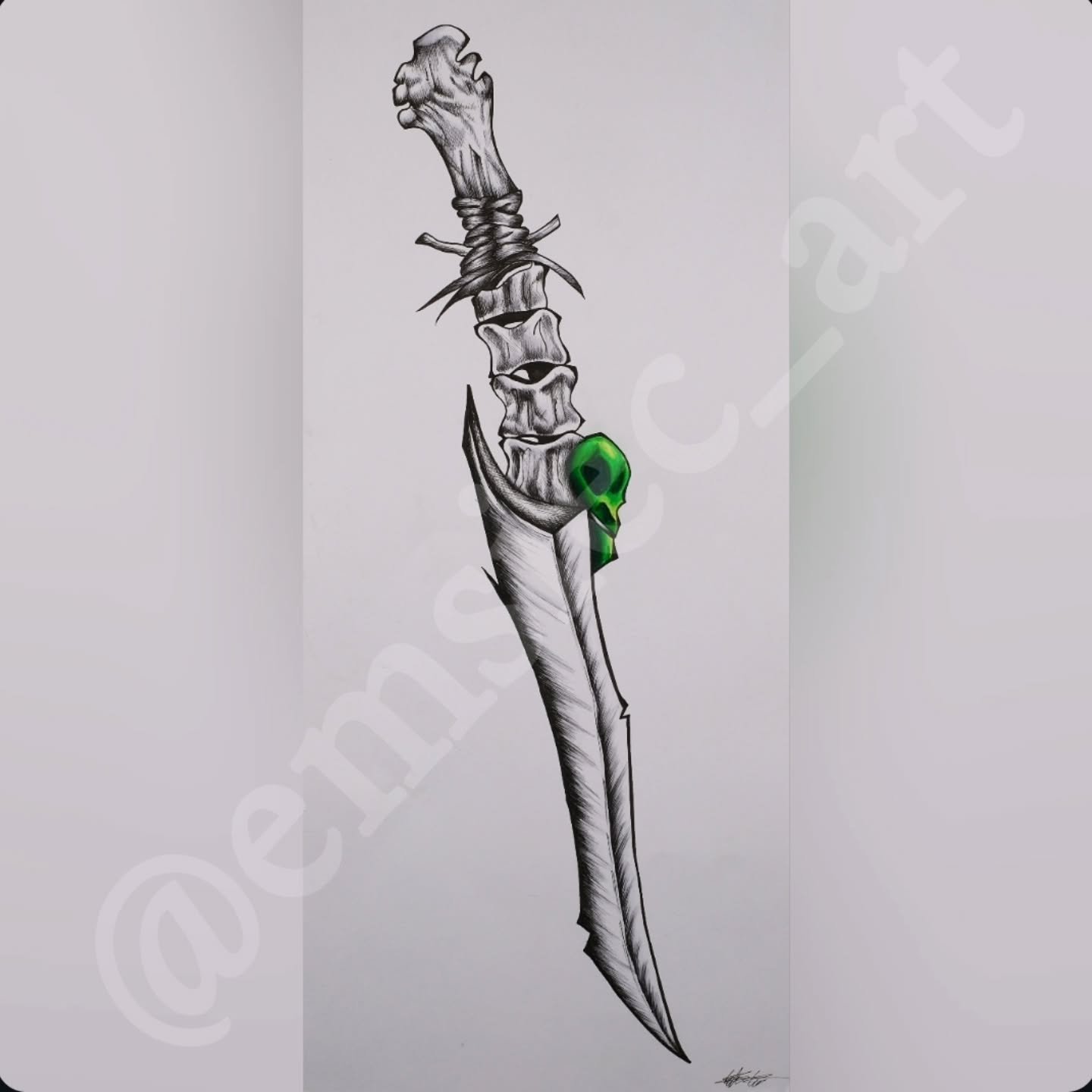 💚🐦&zwj;⬛Life is the art of dying 💀💚
.
.
This drawing was very interesting to create. I had a random piece of paper lying around that was skinny and tall. I wanted to do something unique on it but wasnt sure what. I kept seeing daggers on Instagra