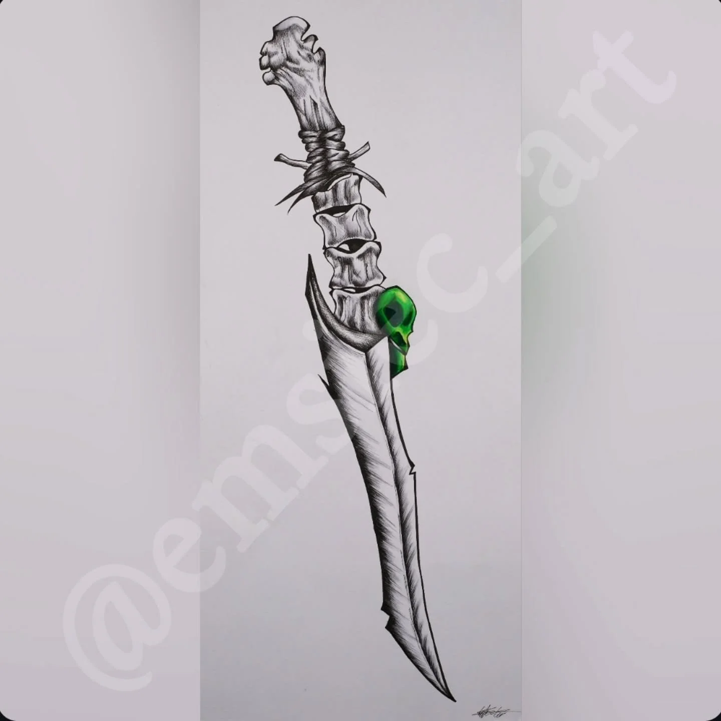 💚🐦&zwj;⬛Life is the art of dying 💀💚
.
.
This drawing was very interesting to create. I had a random piece of paper lying around that was skinny and tall. I wanted to do something unique on it but wasnt sure what. I kept seeing daggers on Instagra