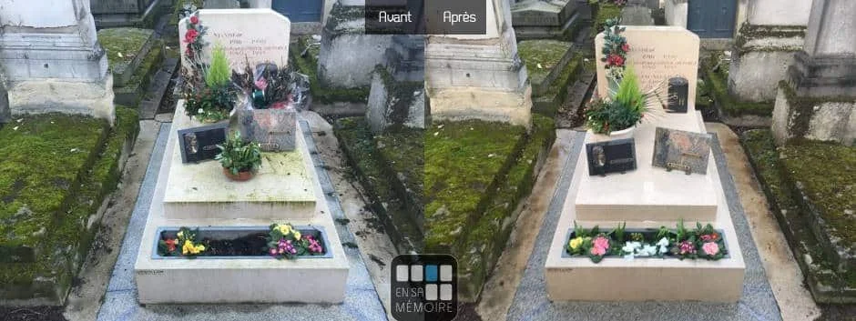 Comparaison avant et après de la rénovation d'une tombe au cimetière, avec des fleurs et des objets déposés.