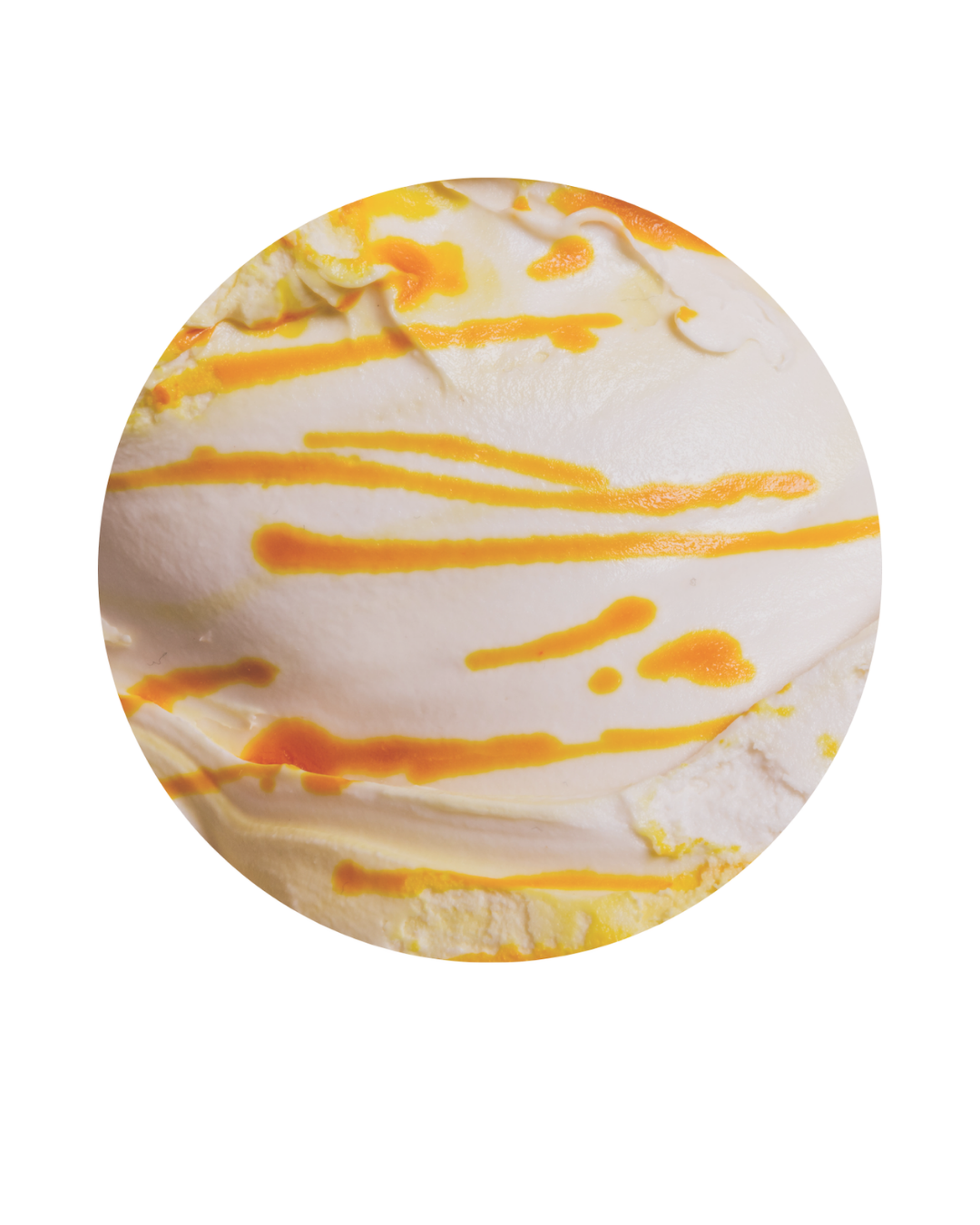 Close-up of a scoop of vanilla ice cream topped with caramel drizzle.
